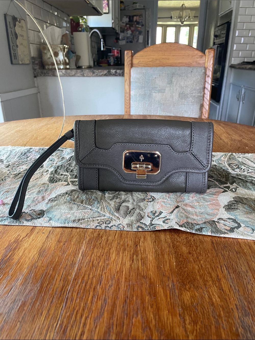 Cole Haan Gray Leather Wristlet Clutch Gold-Tone Hardware NWOT